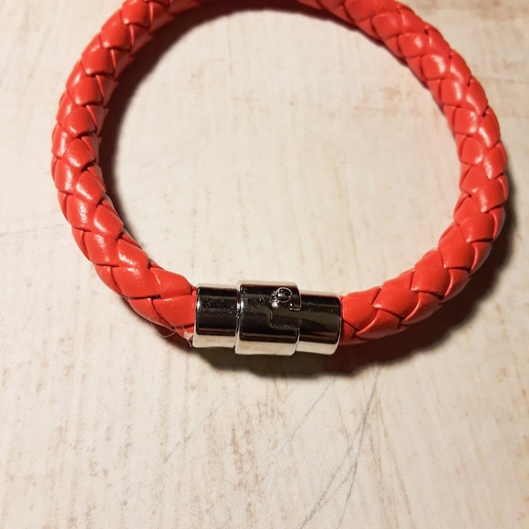 Men's Red Braided Leather Stainless Steel Bracelet - Picture 7 of 7